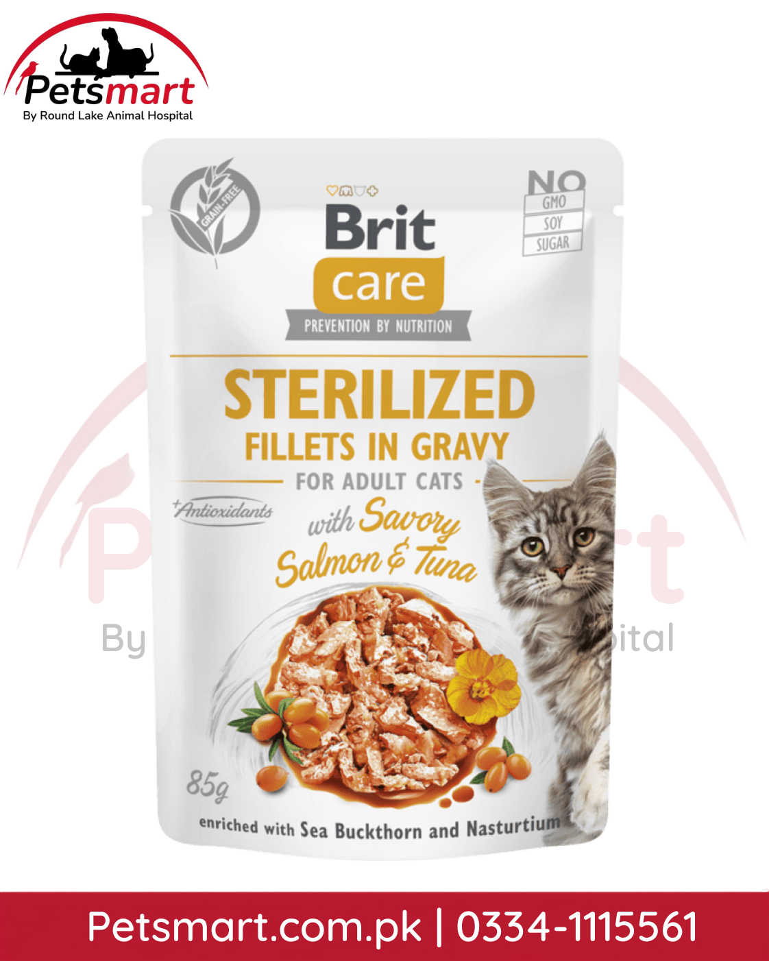 Brit Care Sterilized Salmon and Tuna Fillets in Gravy wet cat food 85g pouch