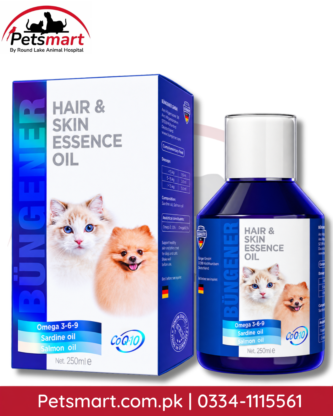 Büngener Hair and Skin Essence Oil 250ml for cats and dogs with salmon and sardine oil