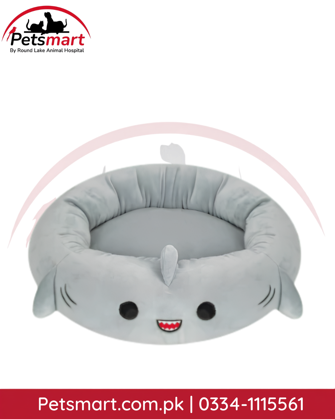 Grey cartoon shark cat bed with round cushioned center and raised padded sides