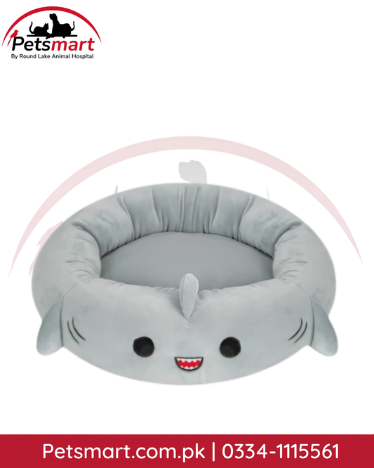 Grey cartoon shark cat bed with round cushioned center and raised padded sides