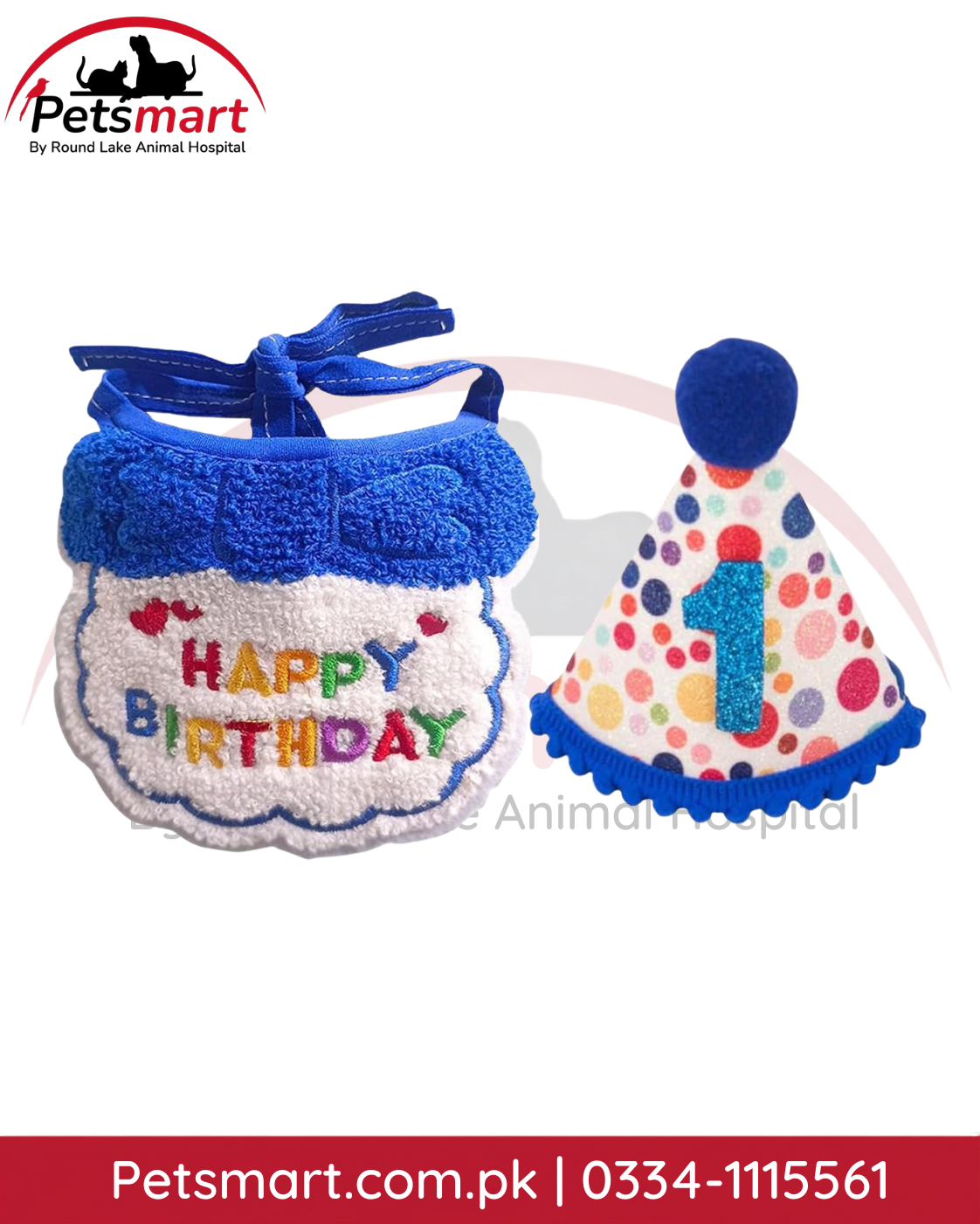 Blue cat birthday cap and Happy Birthday bib set with number 1 party hat