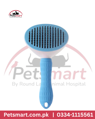 Blue cat button grooming brush with oval metal bristle head and textured handle