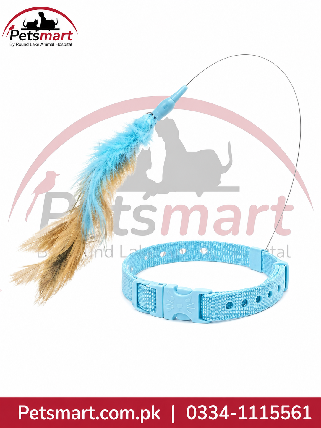 adjustable blue cat collar with feather playing toy