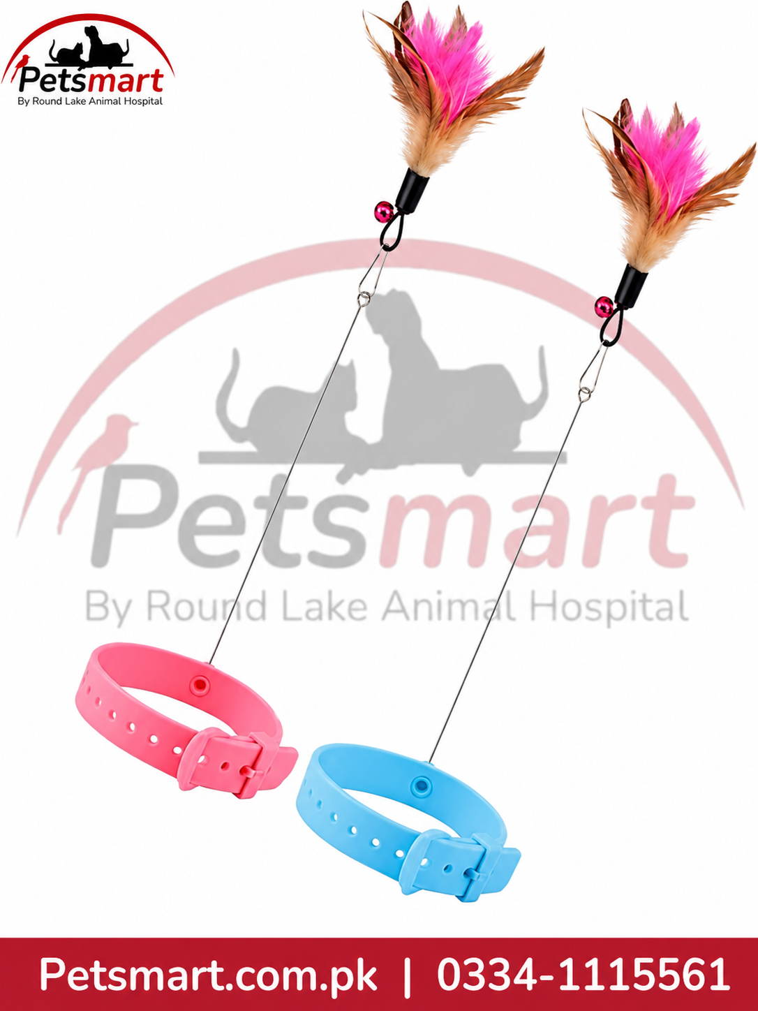 Two pet collars, one pink and one blue, shown with attached feather wands on a white background with a large Petsmart watermark and a red contact banner at the bottom.