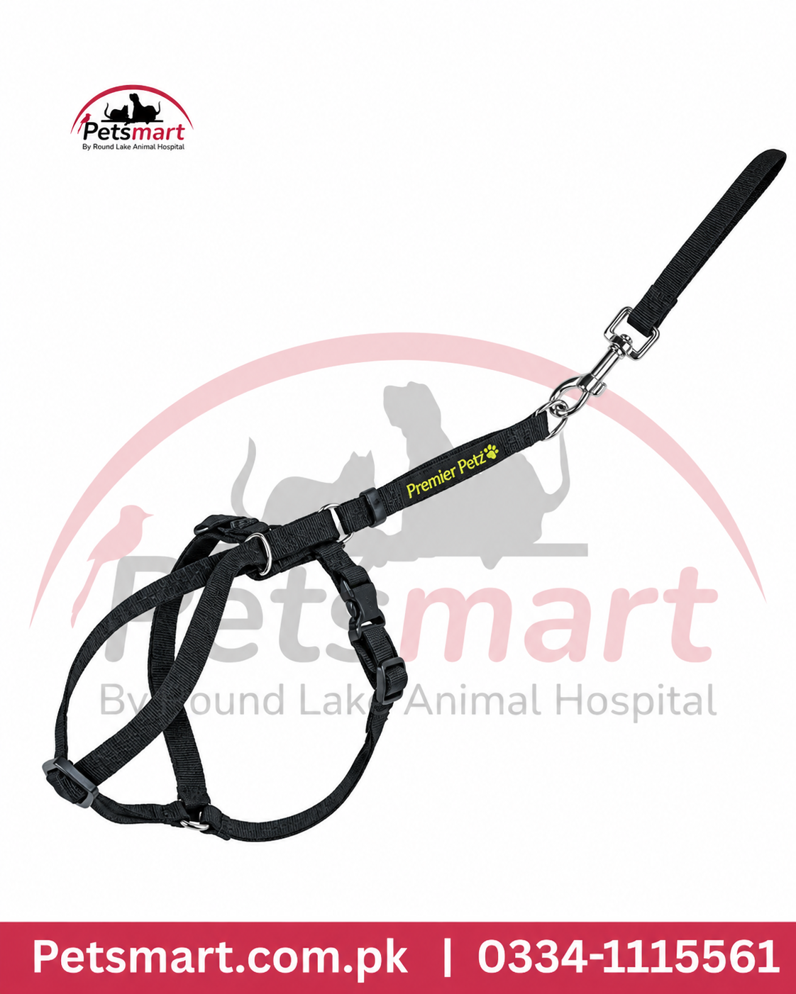 Black adjustable cat harness with matching leash and metal clip