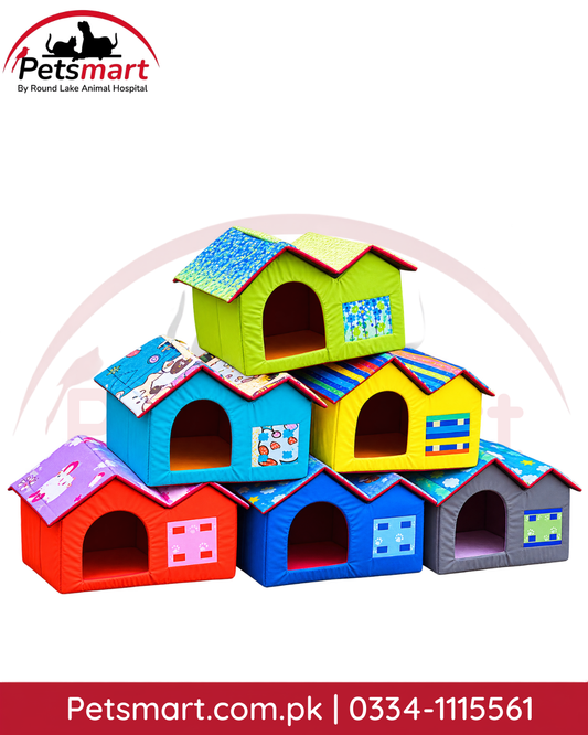 Blue and red soft cat house with covered roof and arched entrance