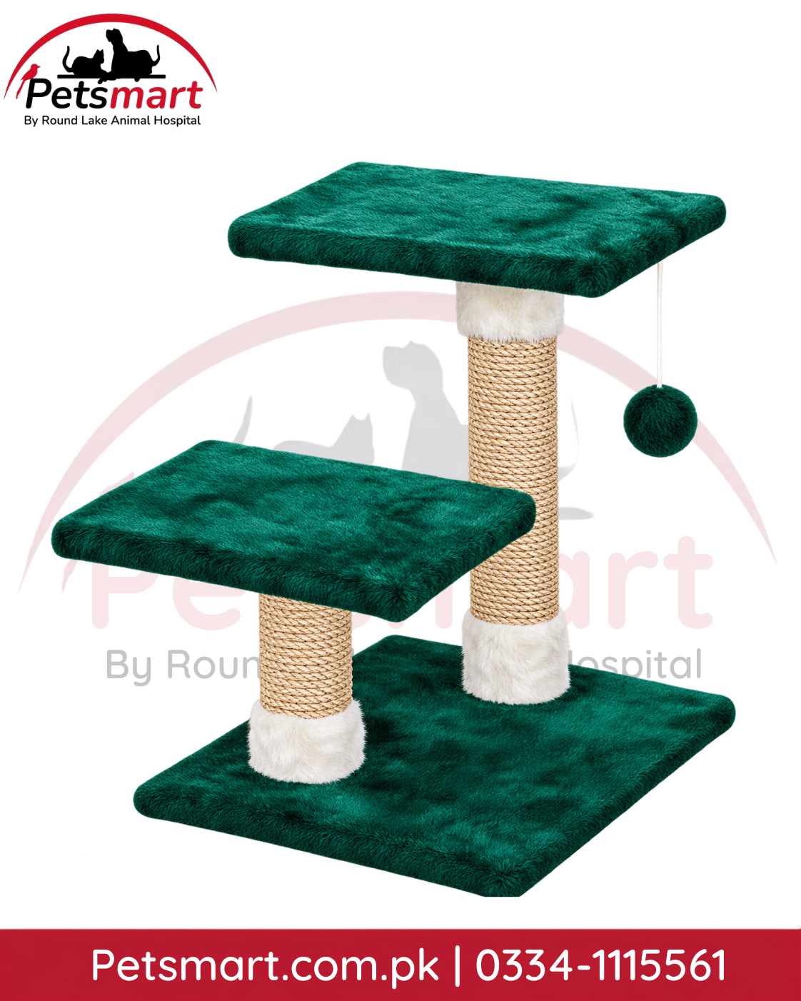 Multi-level cat scratcher post with platforms and hanging ball toy