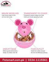 Pink cat toy with a mouse head design, clear transparent body, and brown kibble inside, shown on a white background with feature callouts and the Petsmart logo.