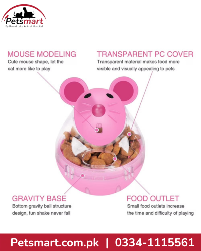 Pink cat toy with a mouse head design, clear transparent body, and brown kibble inside, shown on a white background with feature callouts and the Petsmart logo.