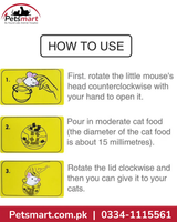 An instructional graphic titled 'HOW TO USE' from Petsmart showing three numbered steps for opening a pet mouse house and pouring cat food. The steps include rotating the mouse house lid with a hand, pouring cat food inside, and rotating the lid again to open it.