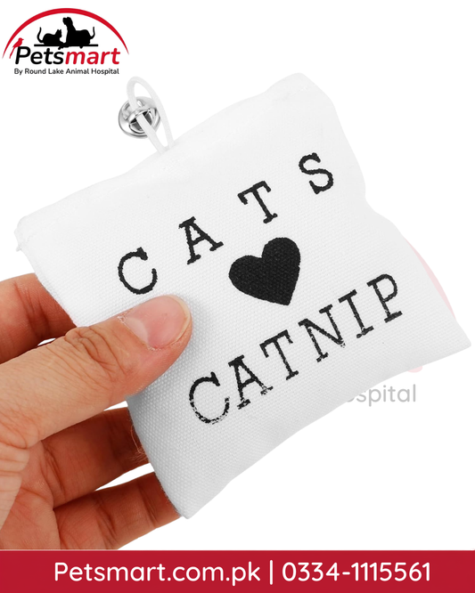 Single Cats Love Catnip pillow toy with white canvas sack and catnip filling