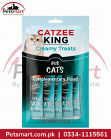 A package of Catzee King Creamy Treats for cats, containing five individual stick treats visible through a clear window in the teal and black stand-up pouch. The brand logo 'Petsmart' is visible in the top left corner, and a red banner with contact details is at the bottom.