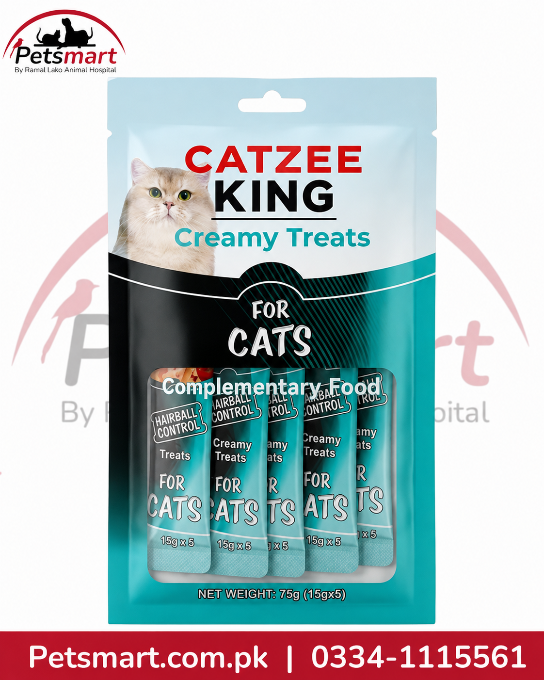 A package of Catzee King Creamy Treats for cats, containing five individual stick treats visible through a clear window in the teal and black stand-up pouch. The brand logo 'Petsmart' is visible in the top left corner, and a red banner with contact details is at the bottom.