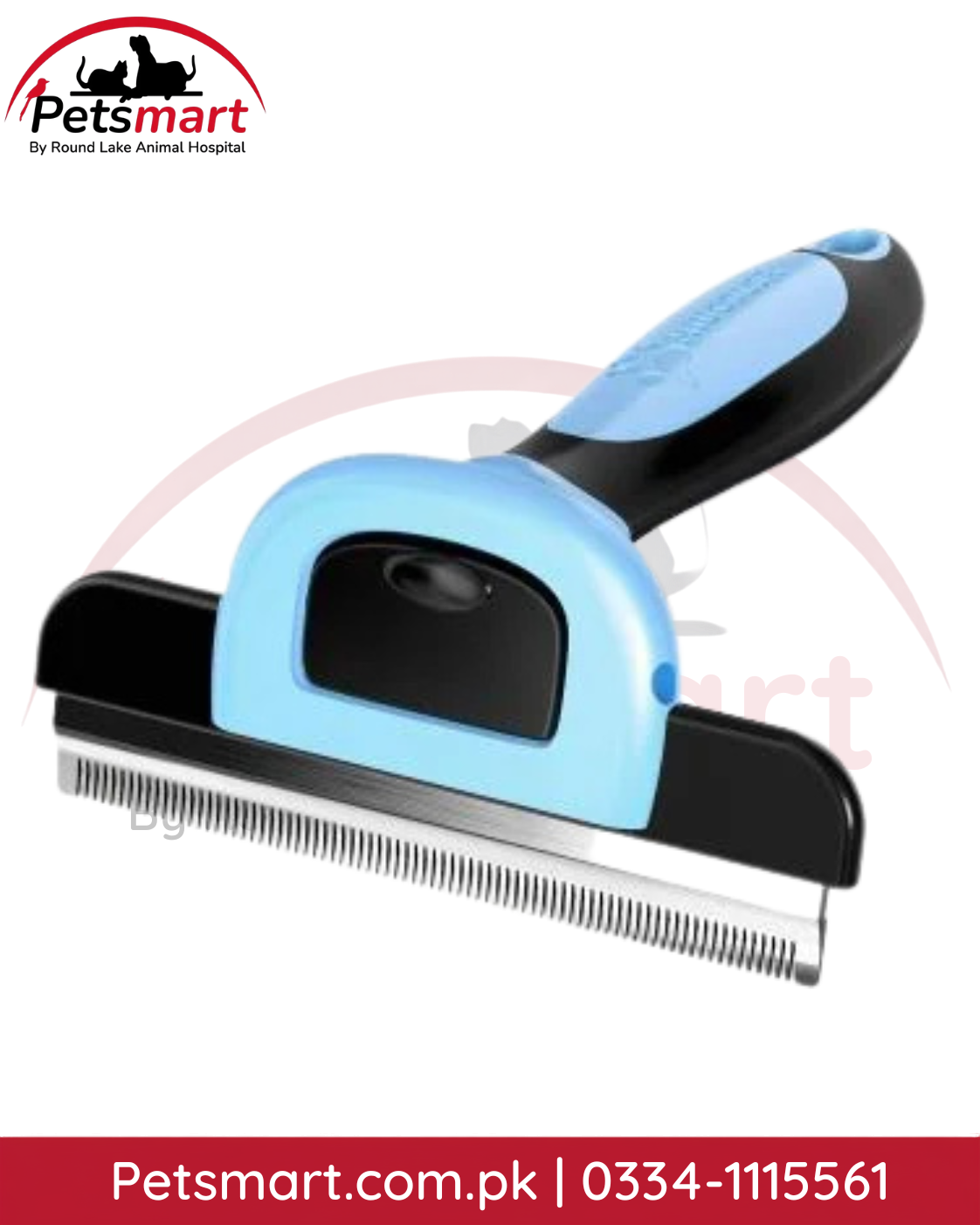 Blue and black Clean Pet Trim Brush with wide metal grooming edge