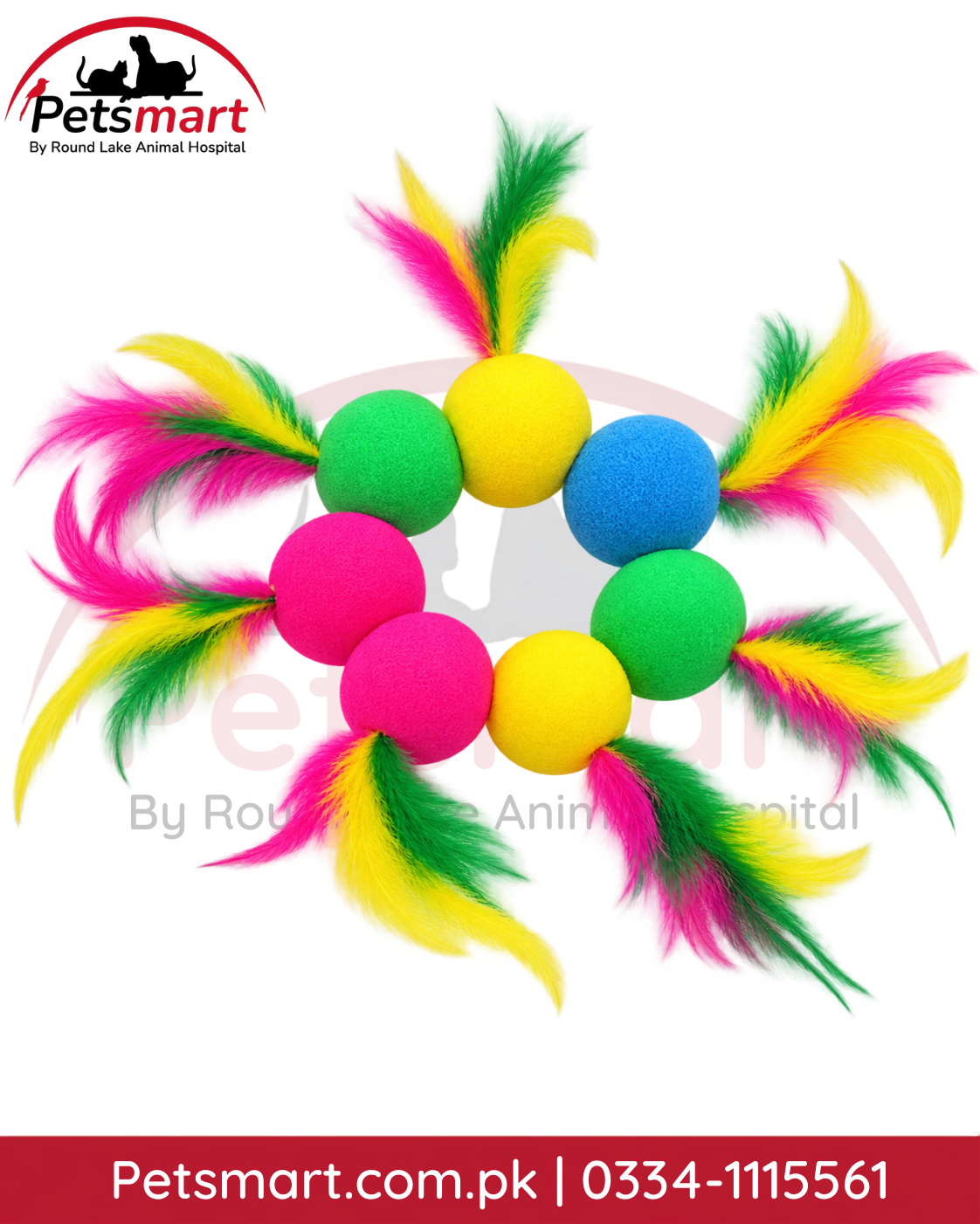 Colorful furry ball toys with feathers for cats and kittens