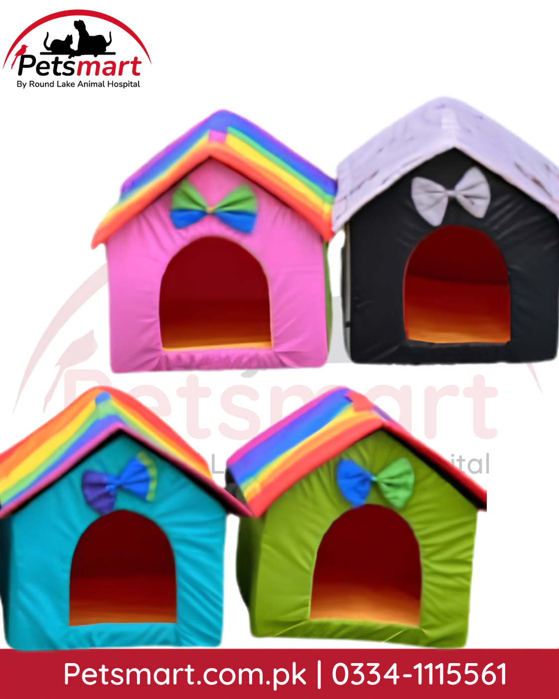 Colorful soft cat house with decorative bow and front entrance for indoor sleeping and hiding
