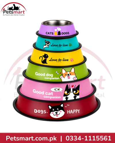 A six-tiered pyramid-shaped stainless steel dog and cat feeder bowl set by Petsmart, featuring colorful printed labels from red to purple with cat and dog illustrations and text like 'CATS', 'DOGS', 'Love to live', and 'Good dog companion'.