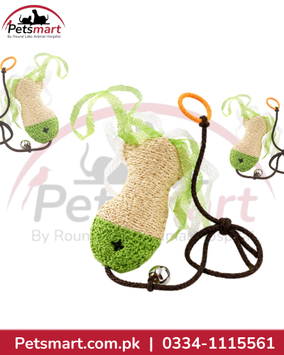 Beige and green crinkle tassel cat toy with orange ring, brown cord and metal bell