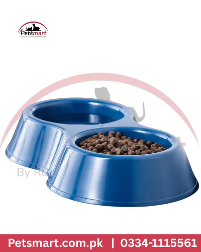Blue double food and water bowl with two connected compartments for cats and dogs