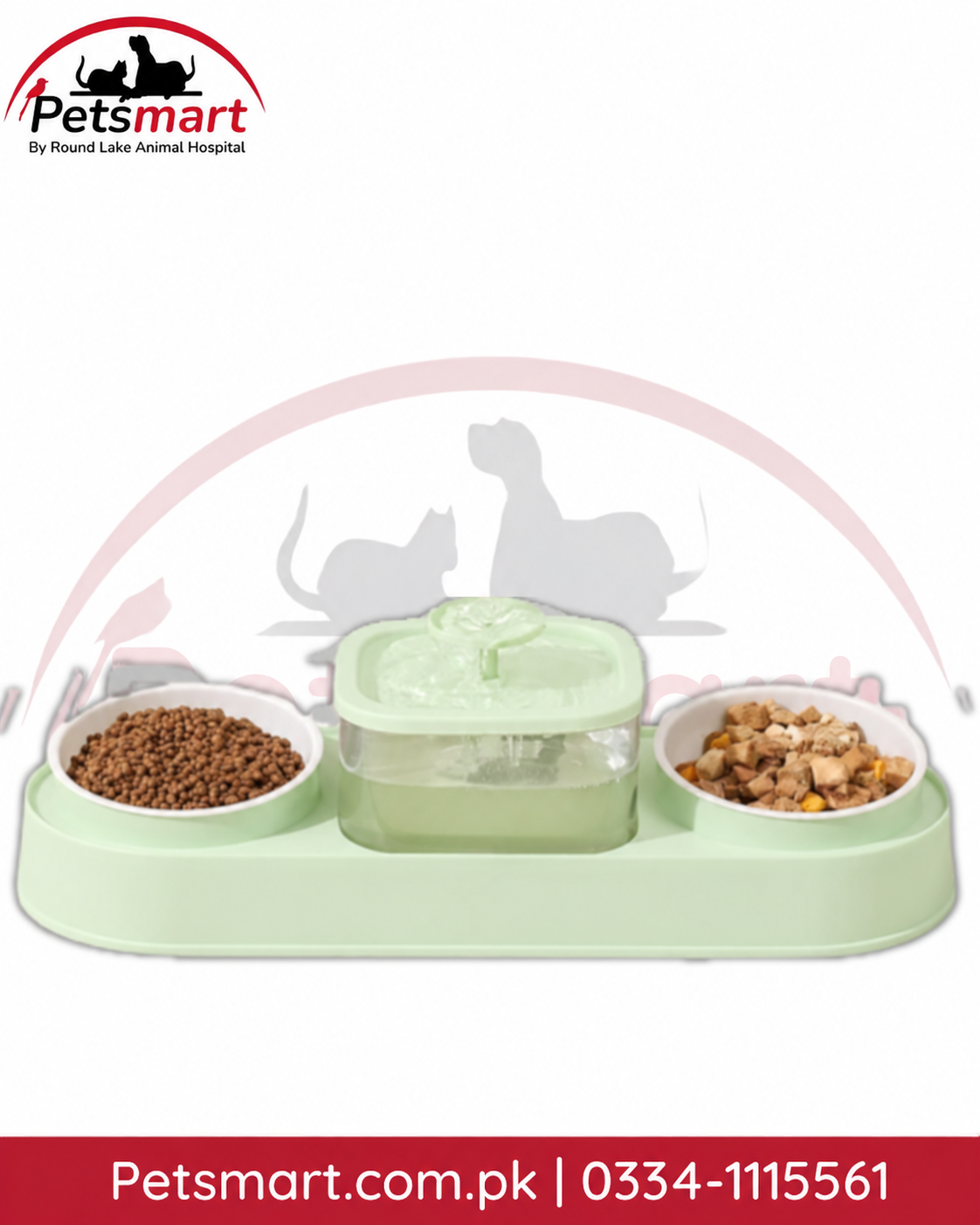 Double pet bowl with central water fountain in light green for cats and small dogs