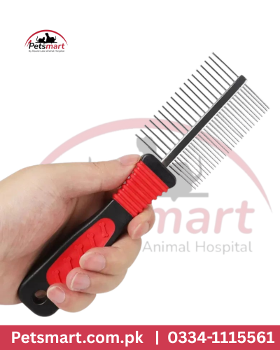 Double-sided steel grooming comb with red and black handle for dogs and cats
