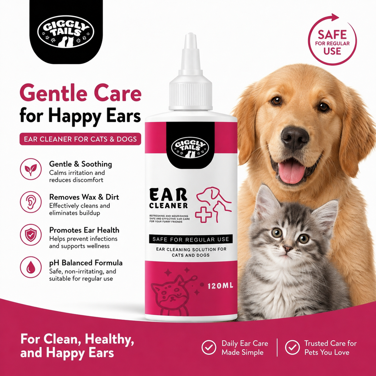 Giggly Tails Little Paws Ear Cleaner for Cats & Dogs 120ml