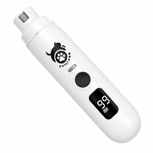 White electric pet nail grinder with protected grinding head, power button and digital battery display