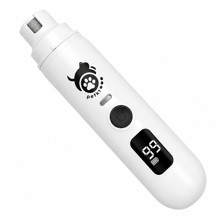 White electric pet nail grinder with protected grinding head, power button and digital battery display