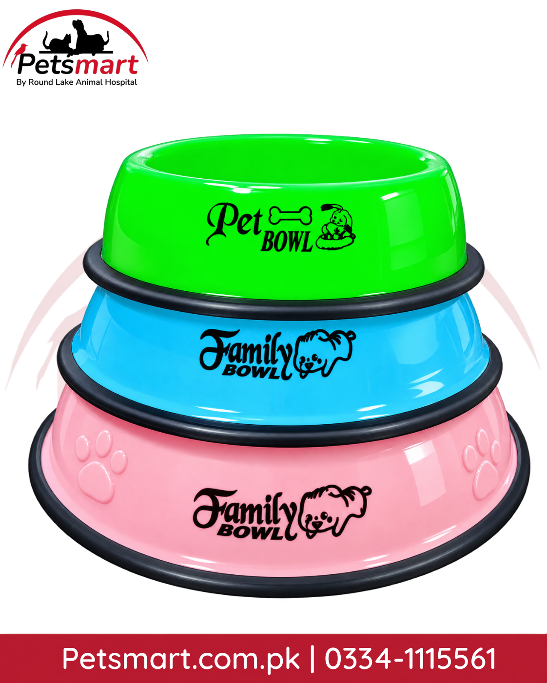 Colorful Family plastic pet feeding bowls in green blue and pink for cats and dogs