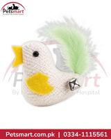 White bird-shaped cat toy with yellow wings, green feather tail and small bell