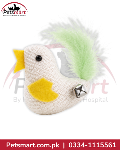 White bird-shaped cat toy with yellow wings, green feather tail and small bell