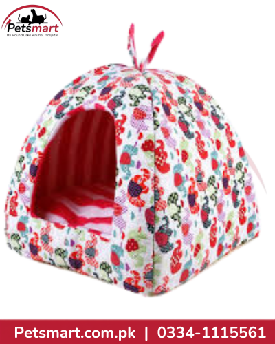 Floral rabbit-style indoor pet house with red interior and covered entrance