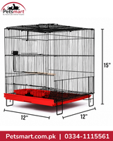 Black foldable bird cage with red removable tray and wooden perch measuring 15 by 12 by 12 inches