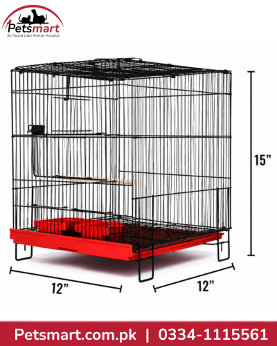 Black foldable bird cage with red removable tray and wooden perch measuring 15 by 12 by 12 inches