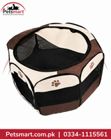 A foldable pet playpen tent with a cream, brown, and black color scheme, featuring mesh sides and paw print details, shown on a white background with a Petsmart logo.