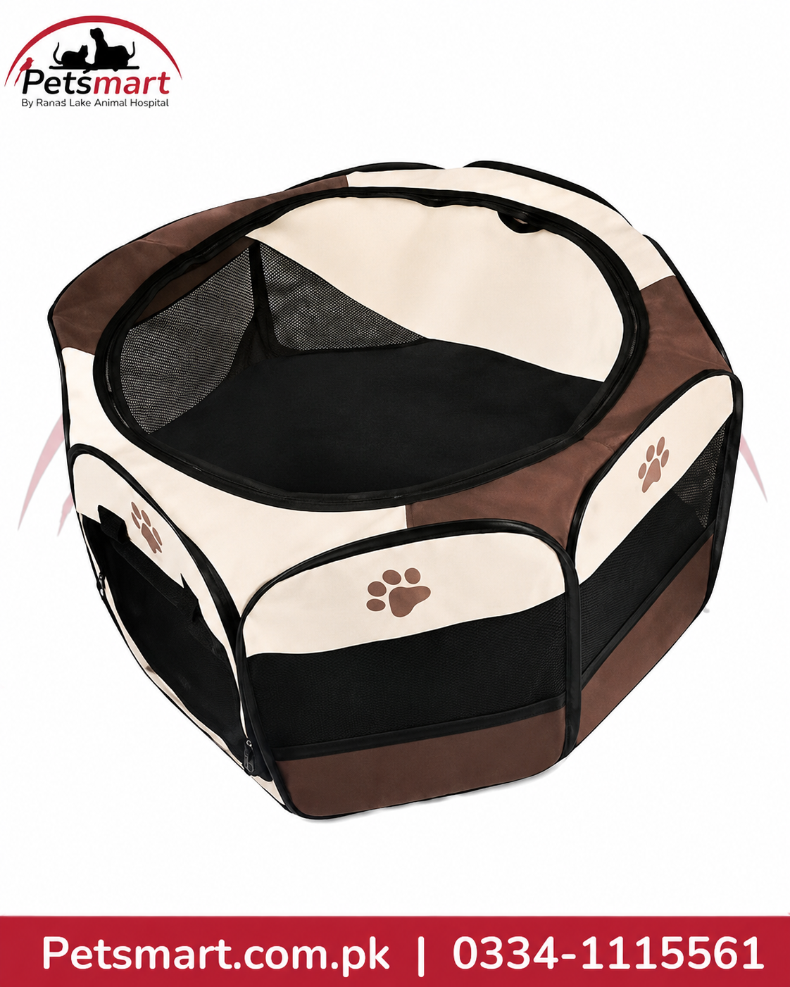 A foldable pet playpen tent with a cream, brown, and black color scheme, featuring mesh sides and paw print details, shown on a white background with a Petsmart logo.
