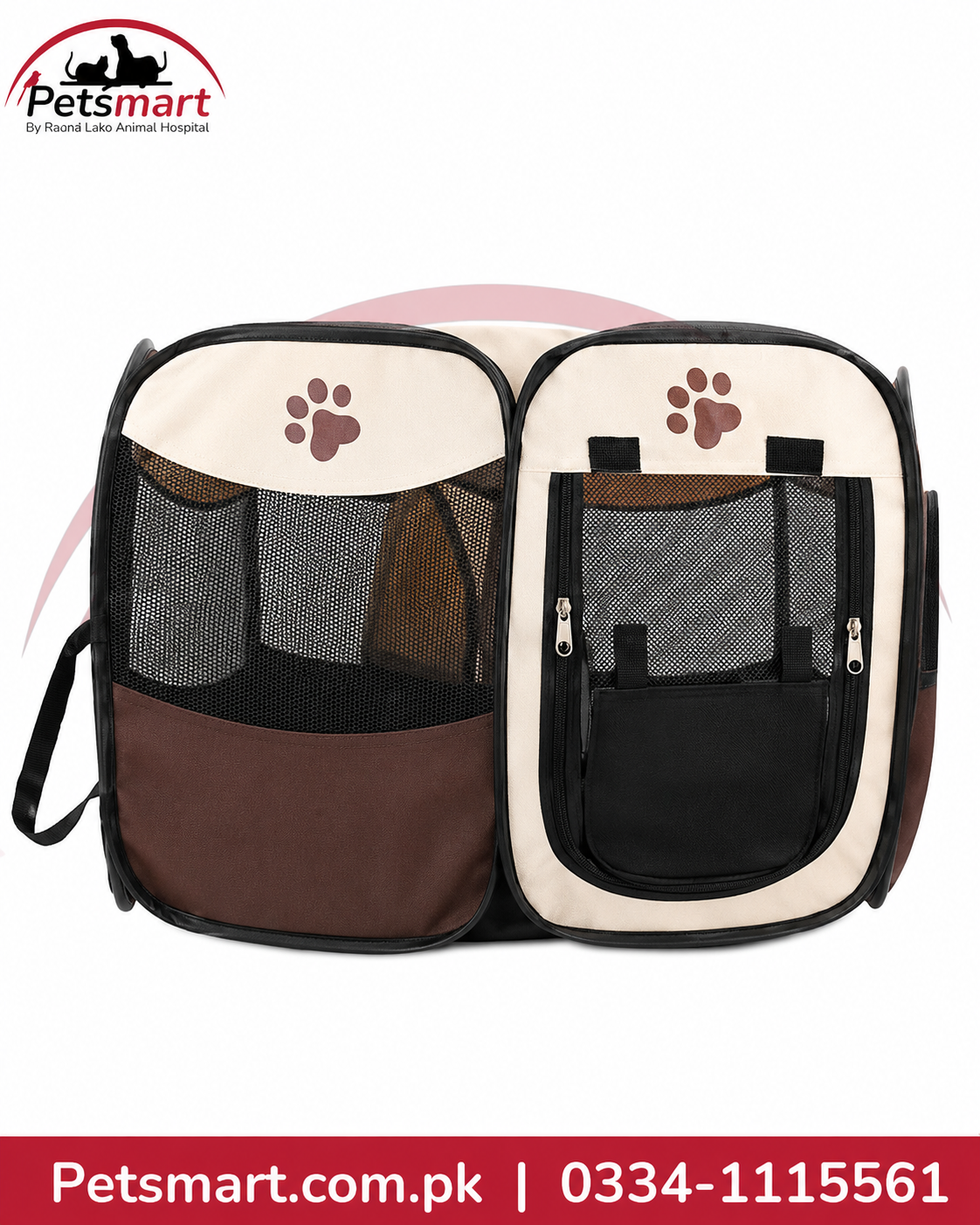 A two-compartment pet carrier bag shown against a white background with a red and black Petsmart logo at the top left and a red contact banner at the bottom. The carrier has cream-colored fabric panels, dark brown lower sections, black mesh pockets, and brown paw print graphics on the front compartments.