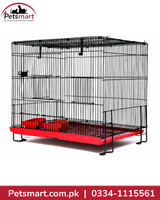 Black folding bird cage 24 by 18 by 18 inches with red tray feeding cups and internal perches
