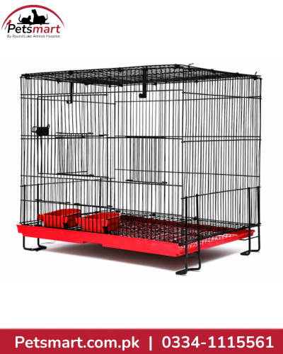 Black folding bird cage 24 by 18 by 18 inches with red tray feeding cups and internal perches