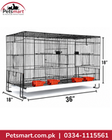 Large black folding bird cage 36 by 18 by 18 inches with red feeding cups and multiple perches