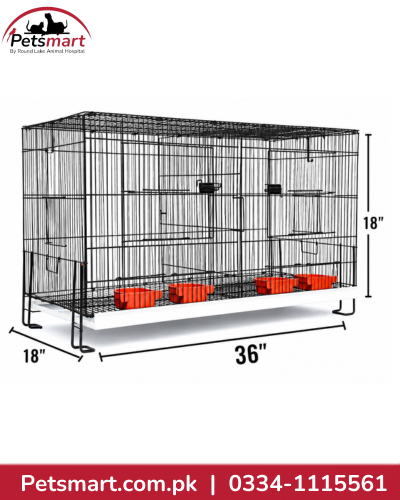 Large black folding bird cage 36 by 18 by 18 inches with red feeding cups and multiple perches