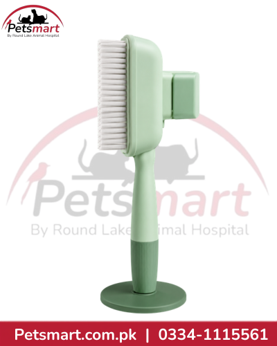 Light green pet grooming brush with white bristles, long handle and round storage stand