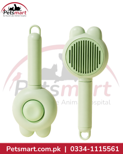 Light green push button cat grooming brush shown from front and back