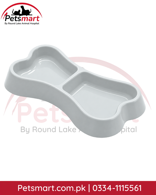 Grey bone-shaped double food and water bowl for cats and dogs