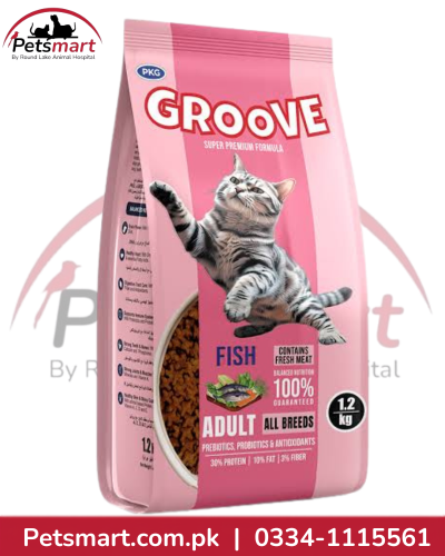 Pink Groove fish flavour dry cat food for adult cats 1.2kg bag