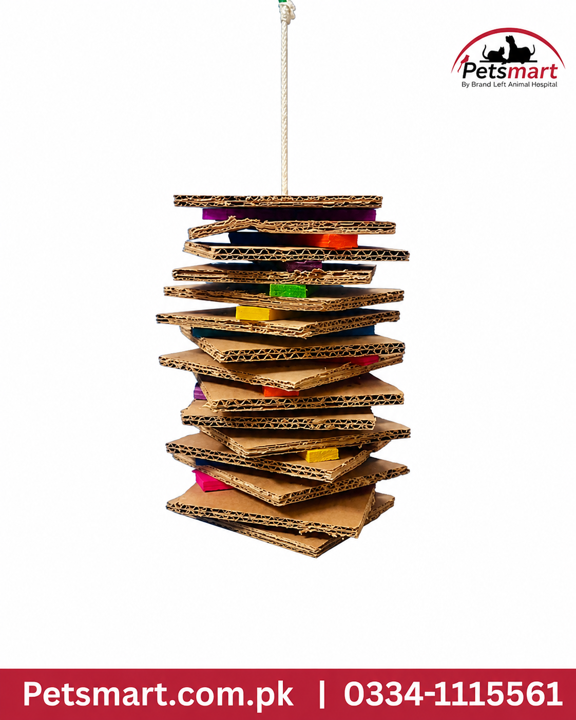 Hanging bird shredding toy made with layered corrugated cardboard and coloured wooden pieces