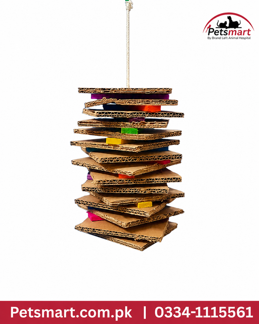 Hanging bird shredding toy made with layered corrugated cardboard and coloured wooden pieces