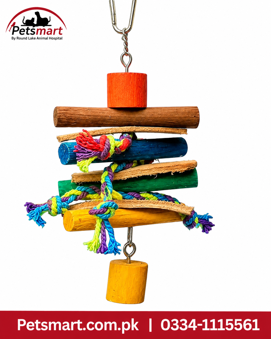 Hanging bird toy with colourful wooden blocks sticks and knotted rope
