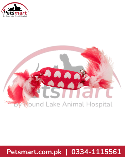 Pink heart print candy-shaped cat toy with feather ends and a small bell