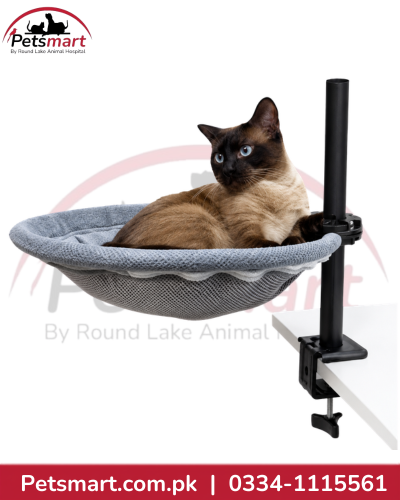 Grey clamp-on cat desk bed with plush nest, adjustable support pole and 360-degree rotating mount